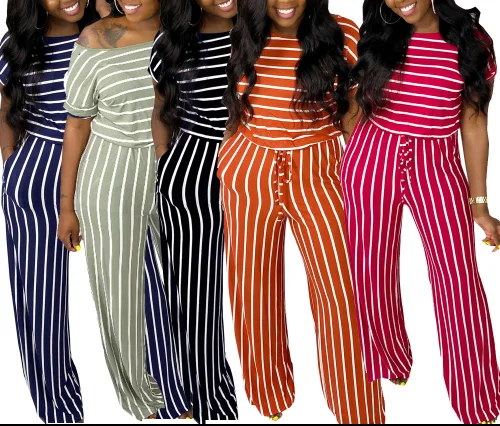 

ladies jumpsuit romper 2020 summer cotton women long jumpsuit printed striped