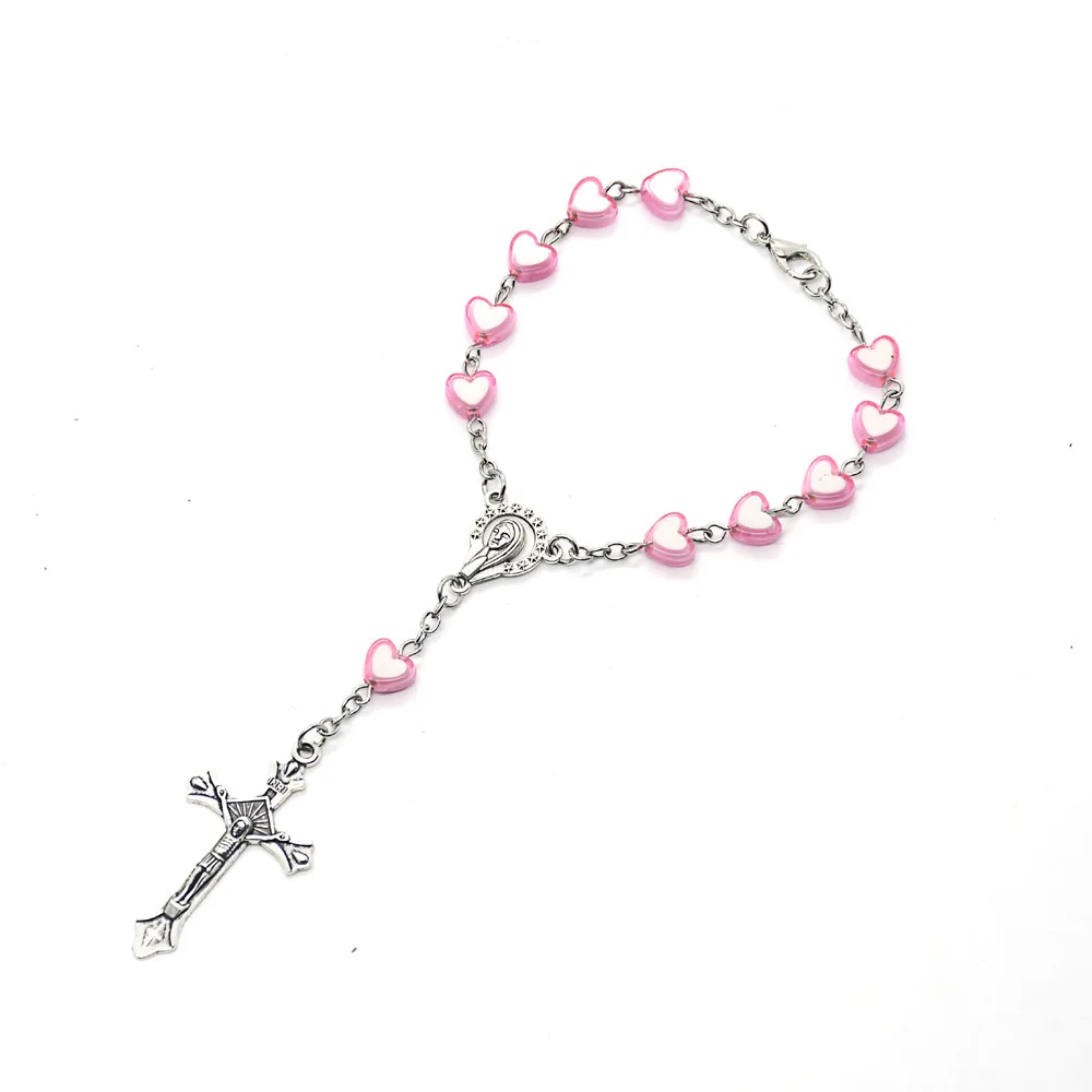 

2021 Komi 8mm Christian Plastic Pink Heart Shaped Beads Rosary Crucifix Virgin Mary Pendant Bracelet