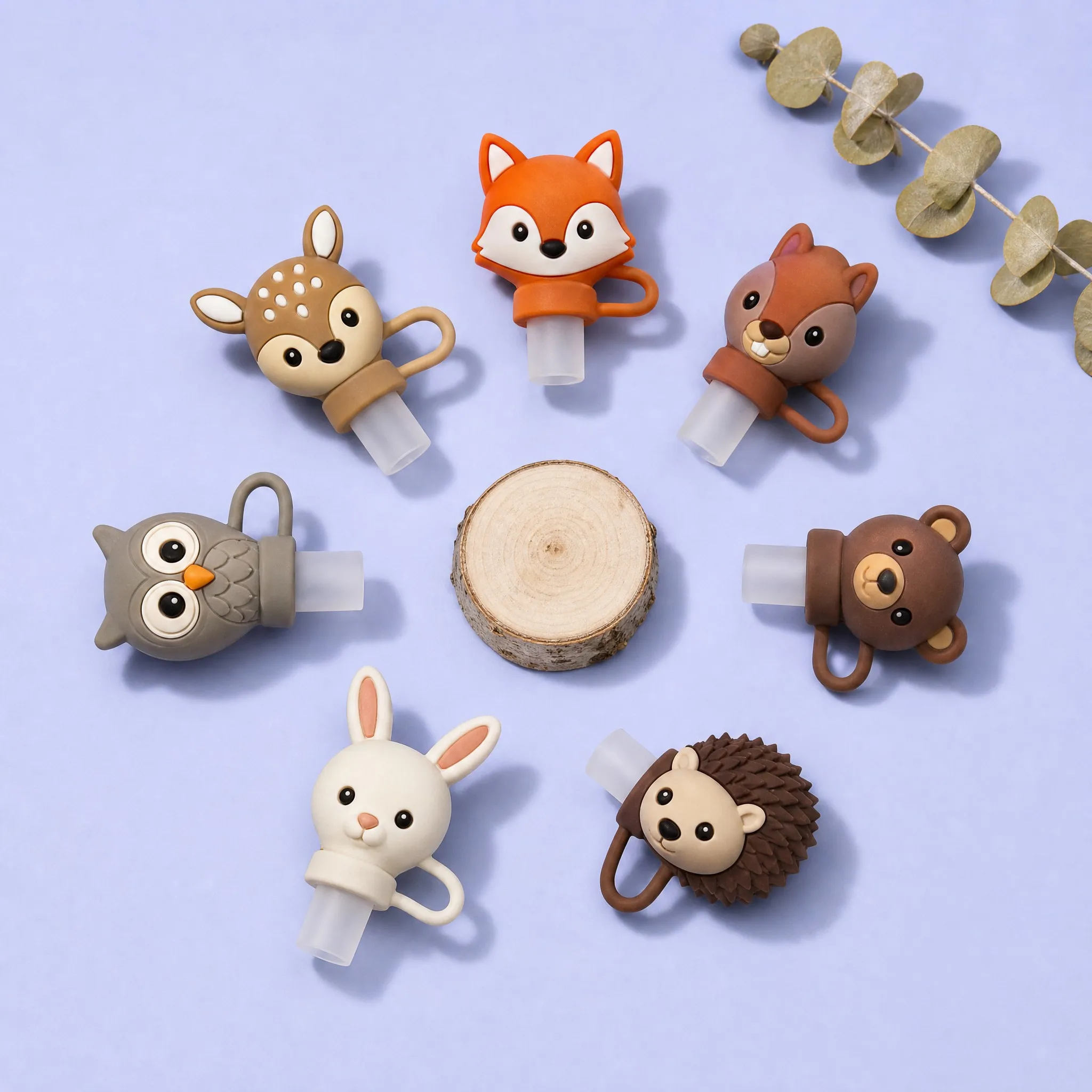 7 Woodland Animals Arranged in Circle Around Wood Slice