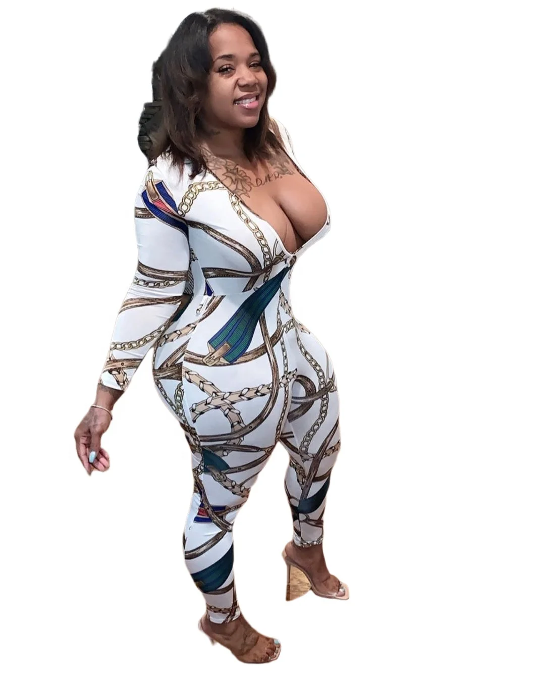 

2021 New Floral Print Deep V-neck Long Sleeve Bodycon Jumpsuits Casual Night Club Skinny Romper for Women