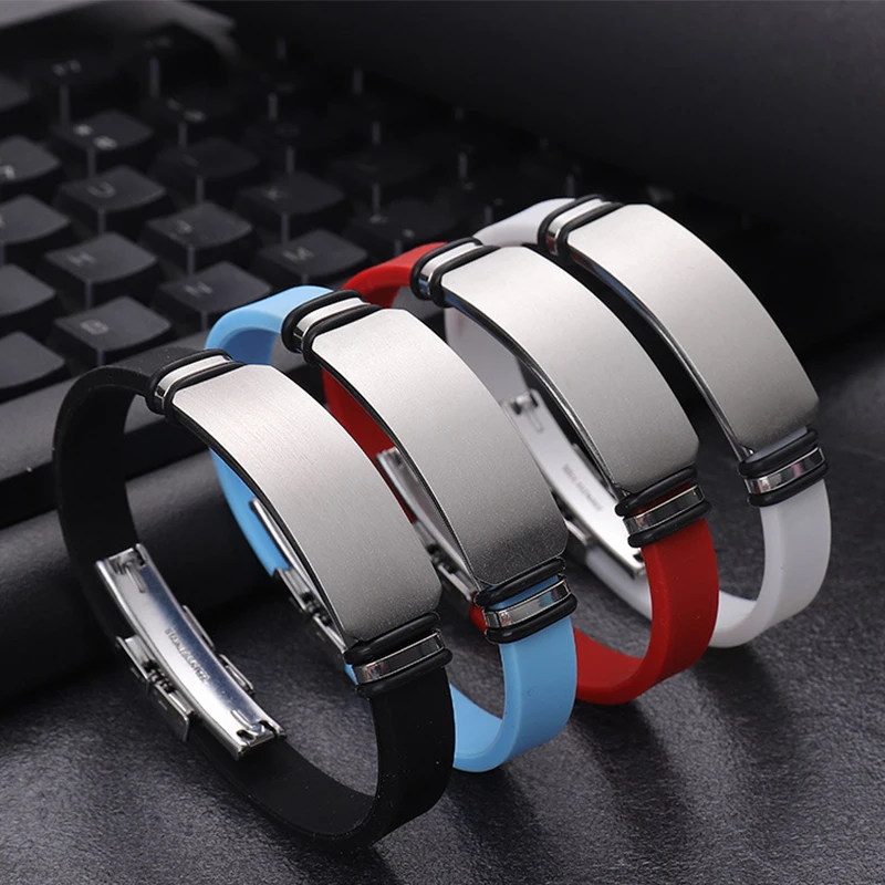 

Manufacturer Custom Engraving Stainless Steel Plate Rubber Watchband Armband Engraved Adjustable Silicone Wristband Bracelet