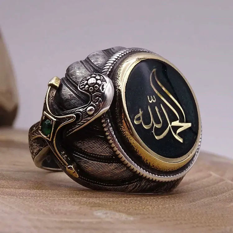 

Qushine multi-style Arabic Scripture Rhinestone Exaggerated Islamic Ring Allah Muslim 925 ancient silver plated Rings for men