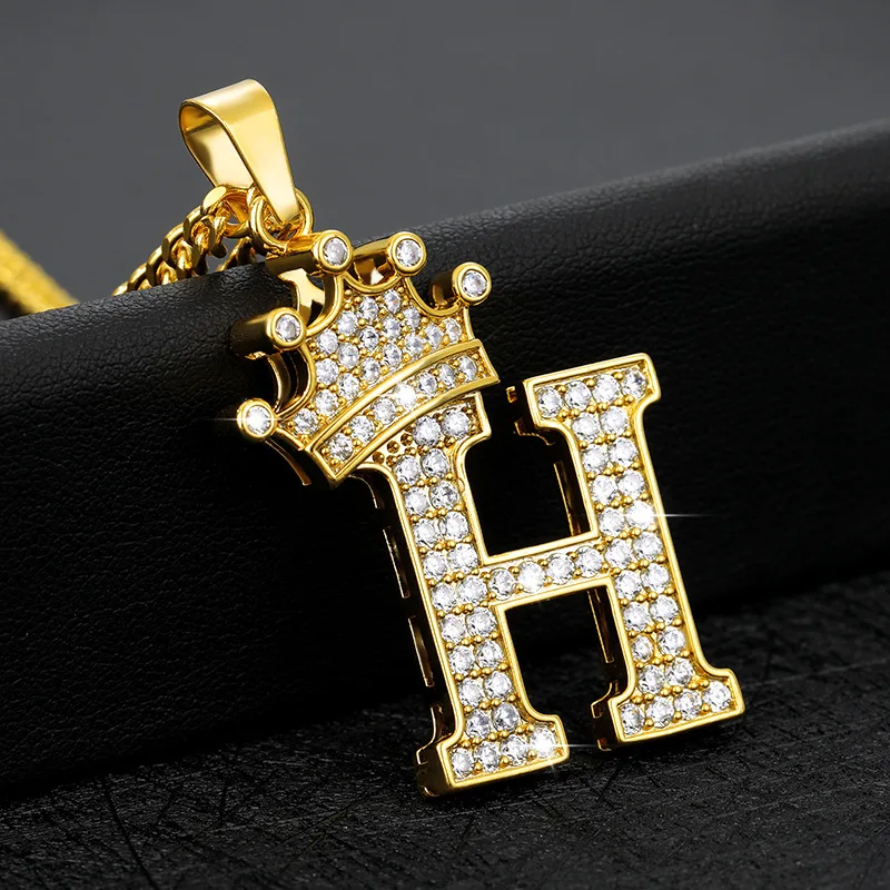 

Shangjie OEM Kalung Hip Hop Gold Plated Initial Necklace Capital Letter Crown Zircon Necklace Hip Hop Letter Pendant Necklace