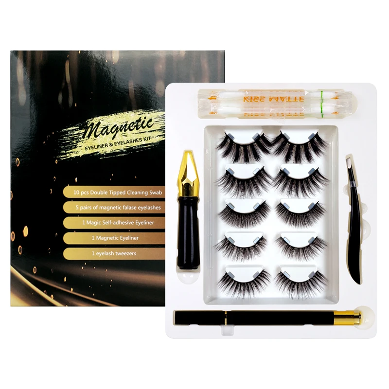 

5 Pairs Eyelashes Magnet Magnetic Eyelashes Eyeliner No Glue With Makeup Remover Oil Cotton Swab, Natural black