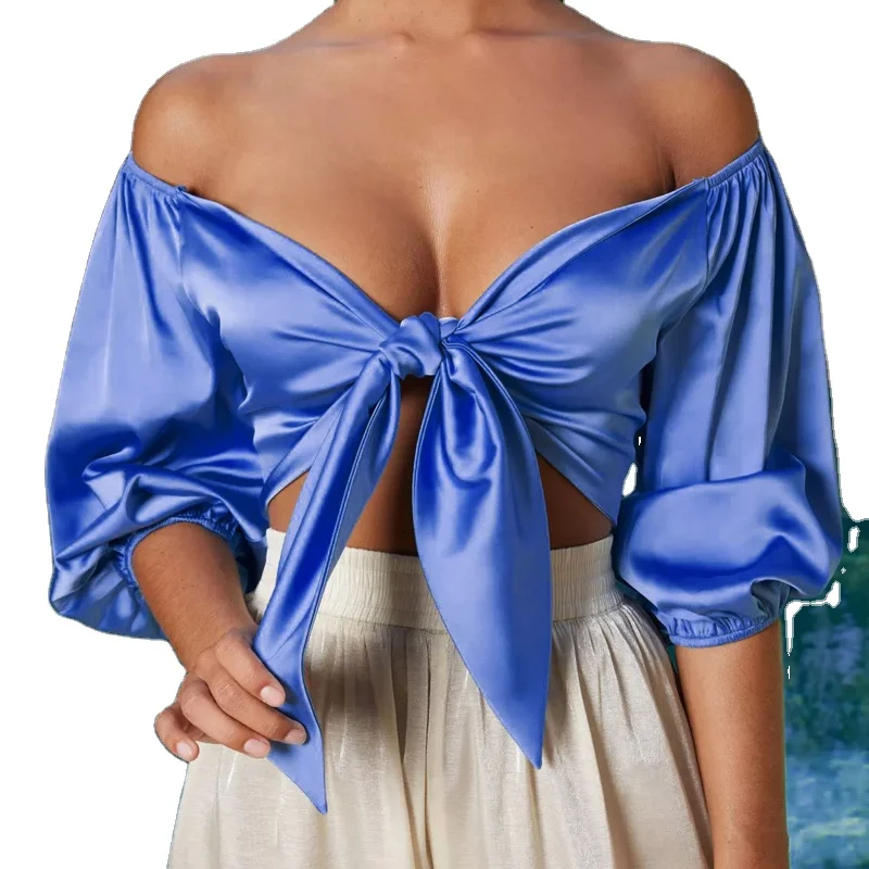 

Sexy Satin Silk Crop Top Women Bow Sashes V Neck Crop Top Sleeveless Half Sleeve Cropped Backless Top