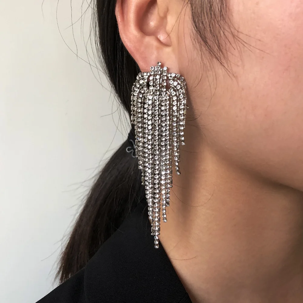 

JUHU 2021 Alloy Diamond Tassel Earrings Women's Long Exaggerated Personality Earrings Hot Sale