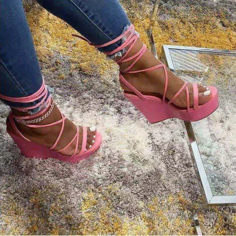 

Designer lady wedges sandals sexy evening club rope lace up sandals velvet platform sandal for women 2021 summer, Picture