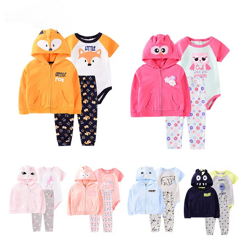 

Quality cotton fabric hoodie jacket romper pants 3pcs toddler's clothing set, Picture