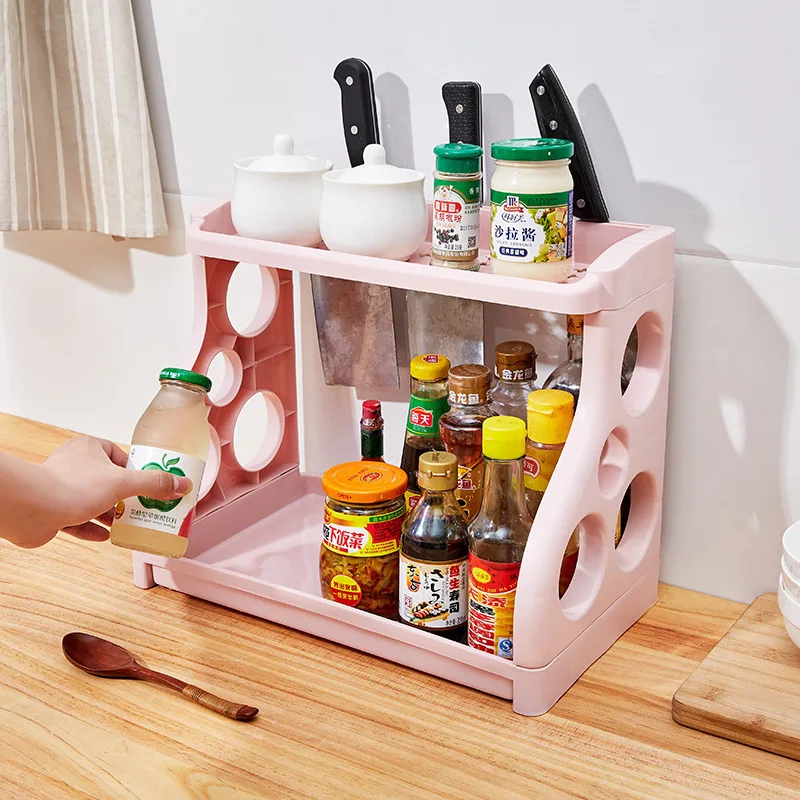 

Kitchen Seasoning Seasoning Two-layer Storage Knife Rack Sundries Storage Storage Organizer Free Punch Plastic Polygon Spice