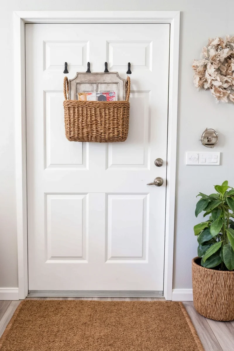 Basket front door decorated for Christmas with lights and garland
