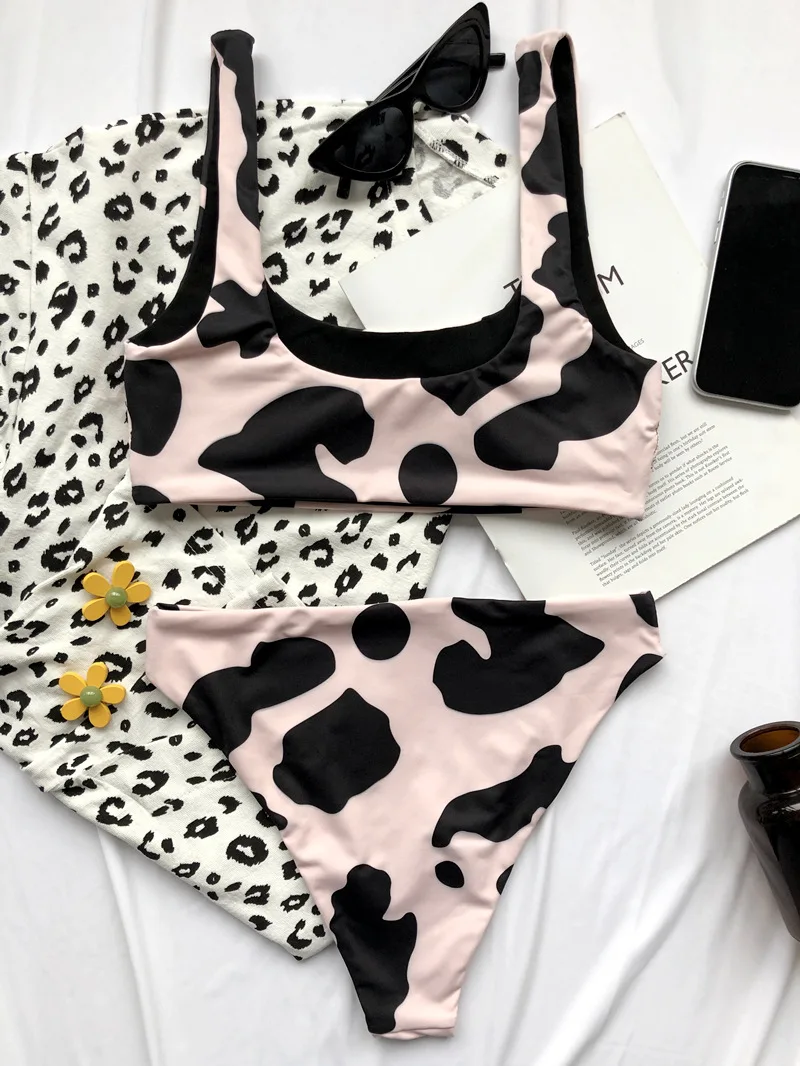 Newest Sexy  Split Swimsuit Cow Print Bikini  High Waist Beach Swimwear