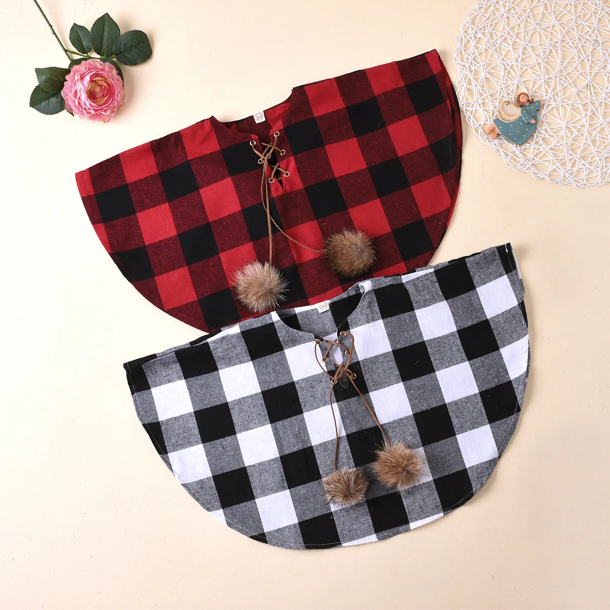

Children Autumn Winter Plaid Hair Ball Loose Cape Kids Cloak