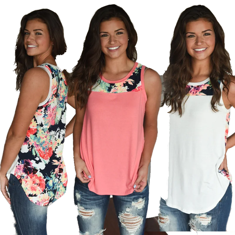 

hot style women's loose round collar printed sleeveless T-shirt blouse floral