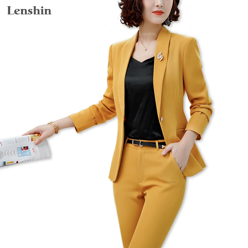 

2 Pieces Suit Set Shawl Collar Straight and Smooth Formal Pant Suit Office Lady Uniform Designs for Women Business Work Wear, Yellow, white, black