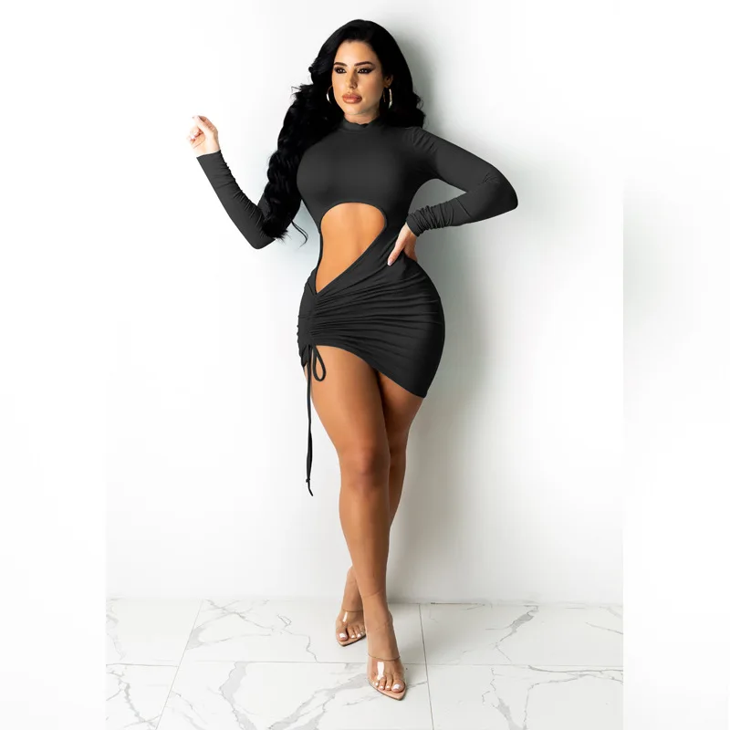 

TOB autumn and winter women's clothing sexy hollow out mini club dress drawstring long sleeve bodycon BK496