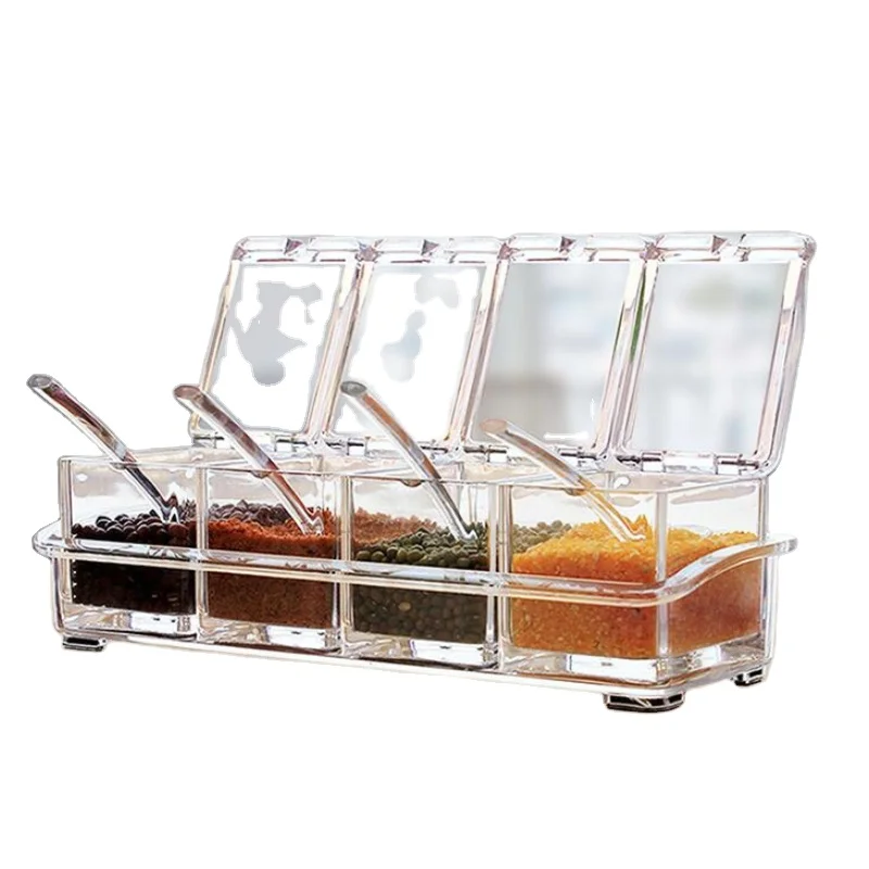 

4 Grid Kitchen Supplies Transparent Plastic Seasoning Boxes Boxes Four in One With Spoon Set Herb & Spice Tools