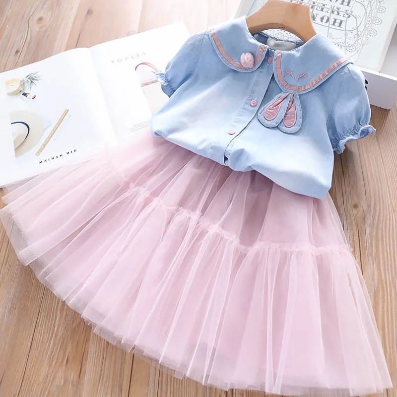 

Korean version of foreign trade cartoon cute rabbit short sleeve blouse plus net gauze skirt suit, Blue