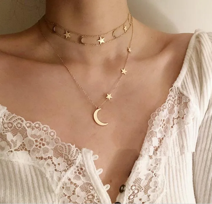 

Boho Geometric Layered Stacked Star Choker Necklaces Star Moon Multilayer Pendant Necklace, Color for choice