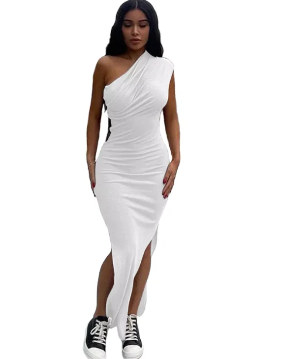 

Plus size xxl size manufacturer wholesale Solid Color Slim long Dress Sleeveless One Shoulder Bodycon Women Elegant Casual Dress