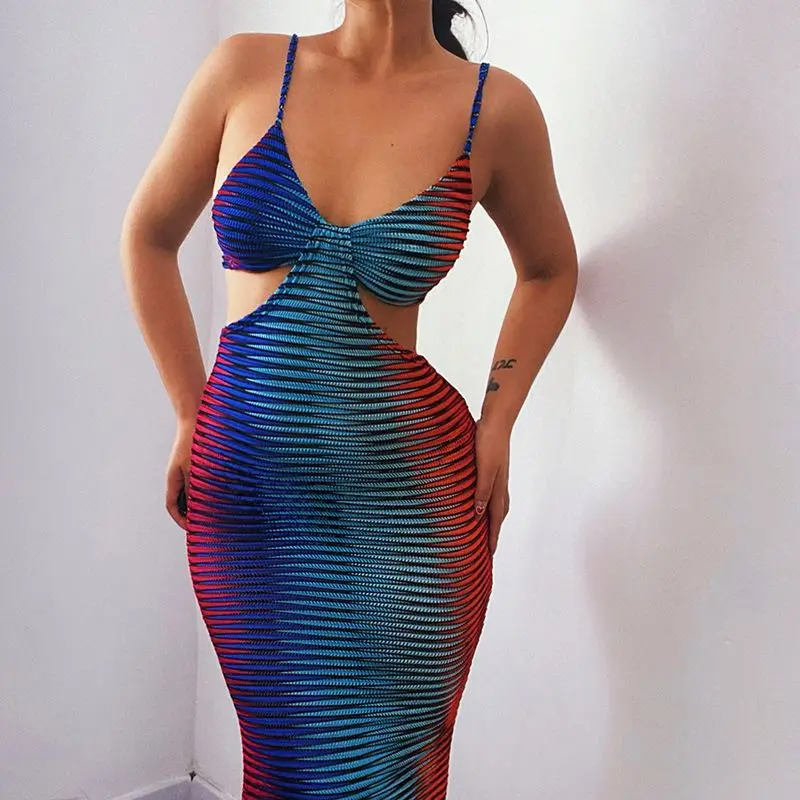 

2021 New arrivals summer women clothing casual dresses elegant colorful printed hollow out bodycon dress