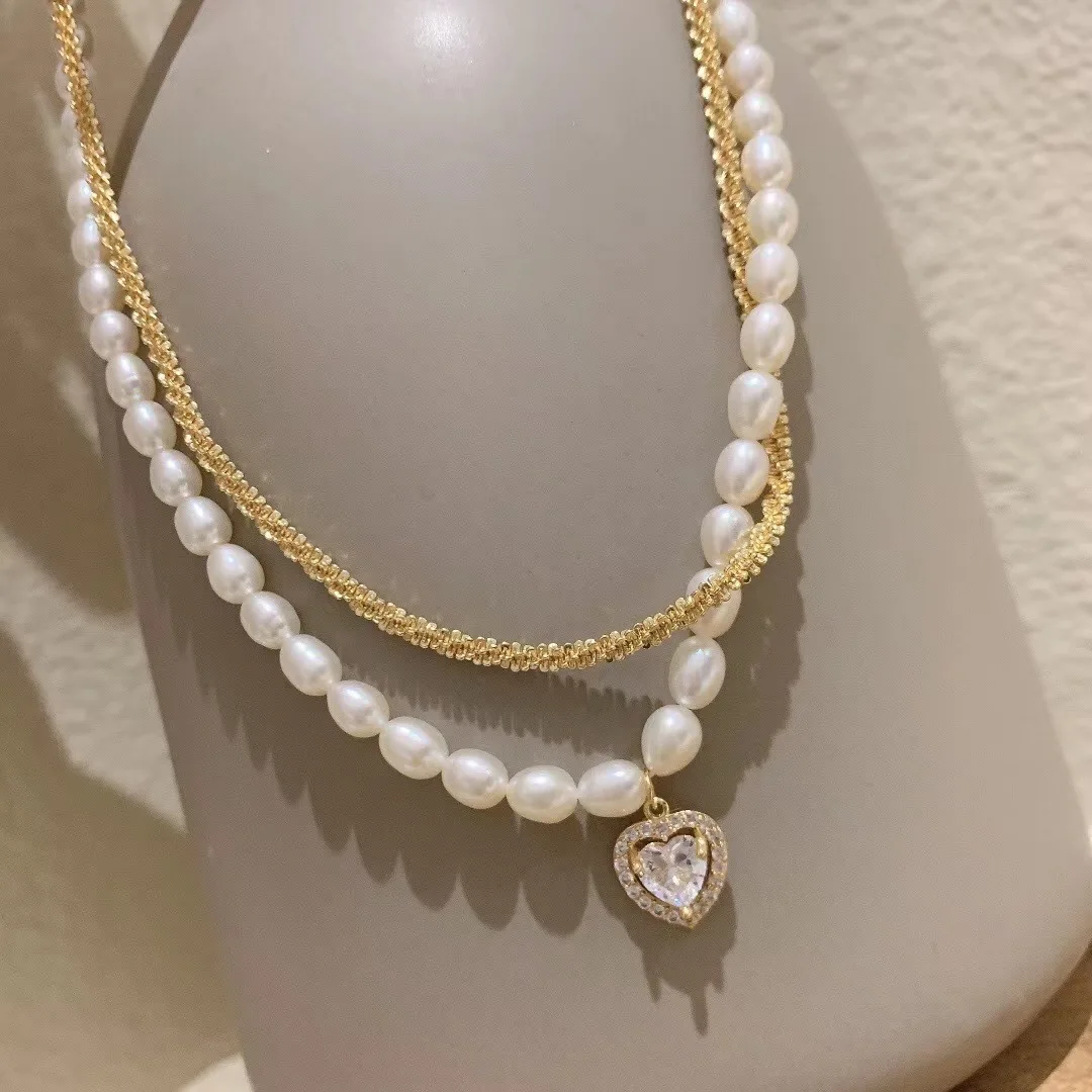 

JUHU Double Pearl Heart Crystal Zircon Necklace Removable Two Necklace