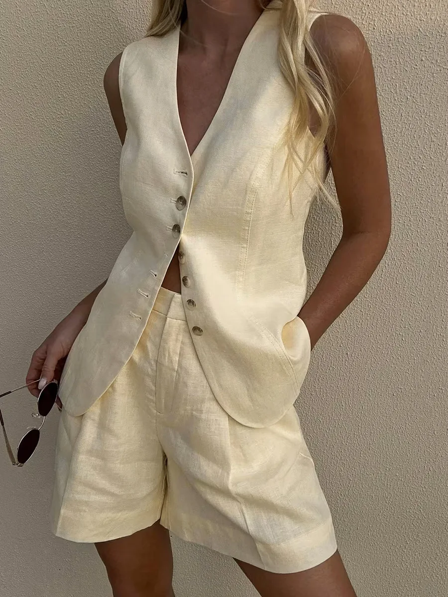 Enyami Fashion Outfit Beige Sleeveless Vest Shorts Suit Sets Cotton Linen Vintage Button Cozy Women Two Piece Set
