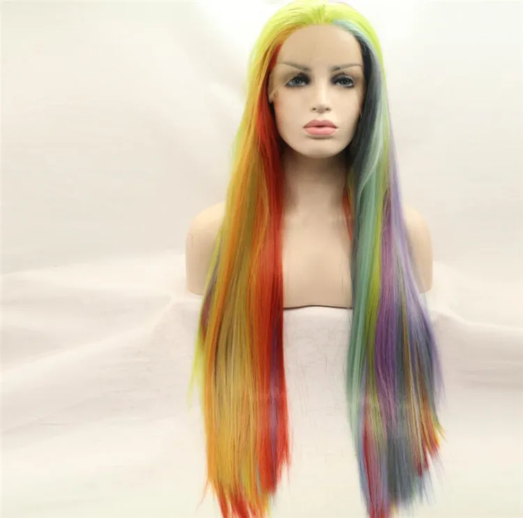 

Mixed Color Rainbow Colorful Long Straight Lace Front Wigs Synthetic Heat Resistant Fiber Wigs Summer Cosplay Makeup For Women, Pic showed