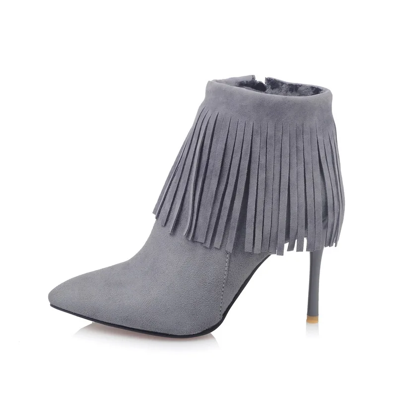 

Winter Comfortable Suede Leather Pointed Toe Tassels High Heels Ladies' Tassel Boots, Black red grey