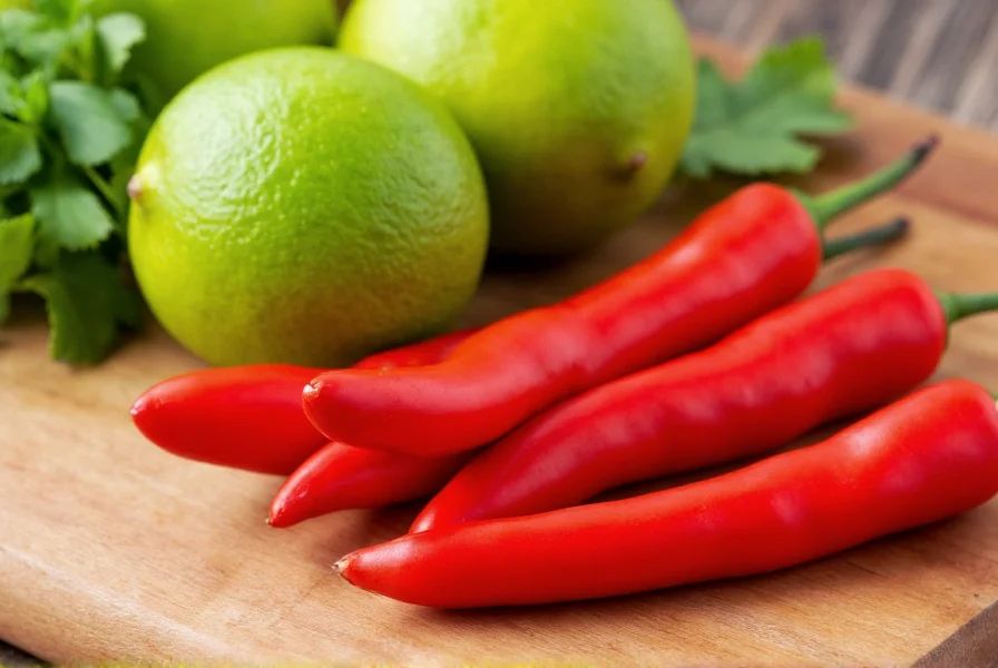 Close-up of fresh red jalapeños and limes on wooden cutting board with cilantro garnish