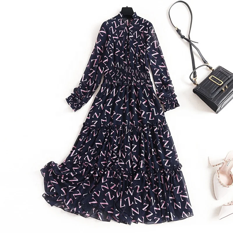 

B24306A Letter printed chiffon dress Spring stand collar single-breasted waist long dress, Navy, black