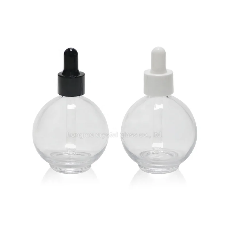 

Empty ball shape round clear glass cosmetic 70ml 75ml essential oil bottles with dropper cap white rubber top for cuticle oil