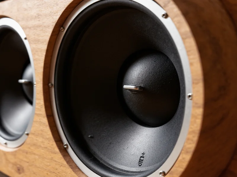 Close-up of speaker driver installation in wooden enclosure