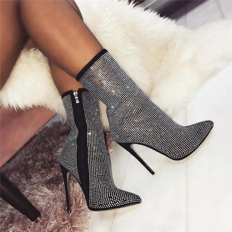 

Pointy rhinestone, super high heel ankle boot, lady's boot size 42, Black ,apricot