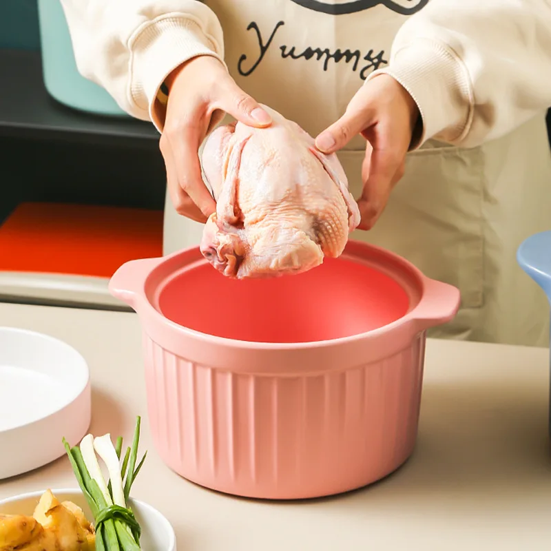 

Hot selling ceramic casserole with glass lid, vertical pattern simple high temperature resistant open flame household stew pot, Green/blue/pink/brown