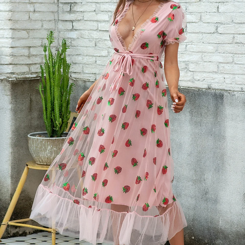 

A0021 New fashion woman embroidery strawberry mesh lace dress