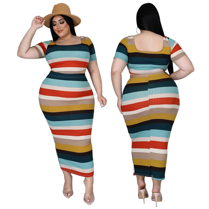

C0302PS77 Latest Plus Size Set Ribbed Cross Stripes 2 Piece Summer Long Skirt Women, 1 color