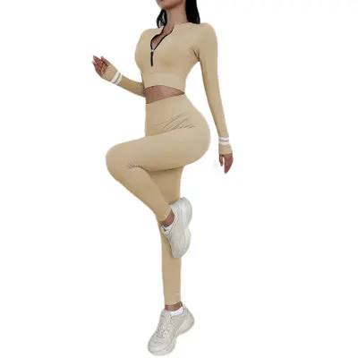 

Ins Popular Fitness Sportswear Suit Breathable Leggings and Yoga Crop Top With Long Sleeves 2 Piece Yoga set With Zipper