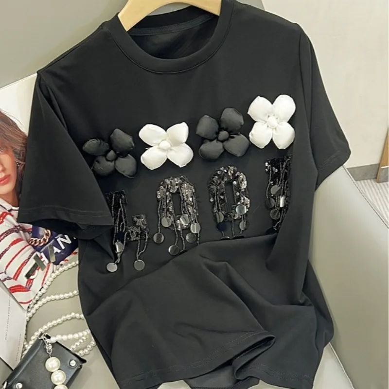 Boutique Wholesale 2026 Summer New Fashionable Flower Letter Sequin Round Neck Short Sleeved Women's T-shirt
