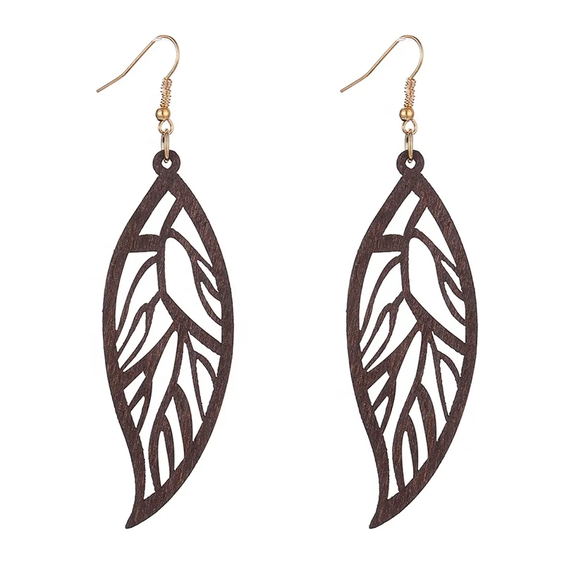 

YULUCH Ethnic Red Black Brown Hollow Wood Leaf Pattern Long Pendant Earrings Fashion Jewelry For Women Lady Girls Party Gifts, Picture shows