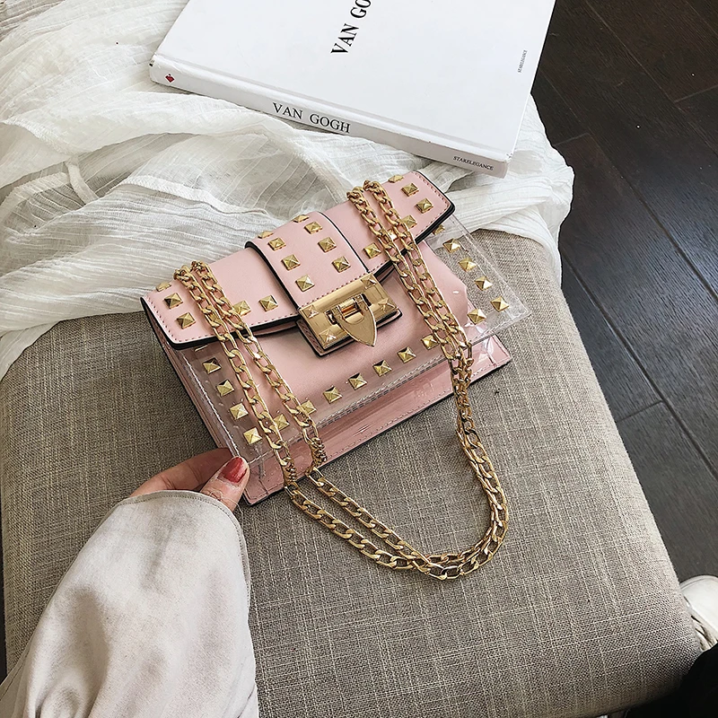 

summer fashion women pvc hand bag with rivet and clear chain jelly bags handbag for lady, 4colors