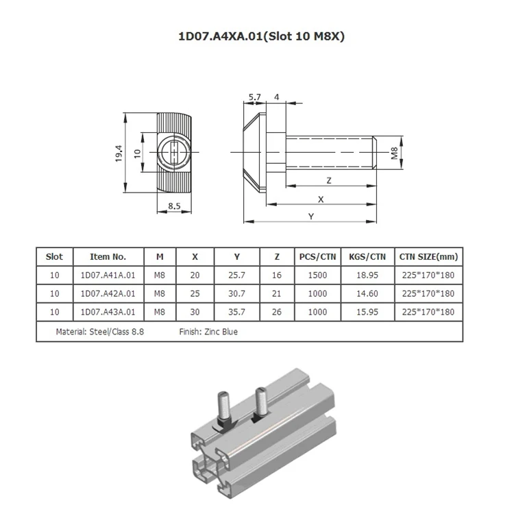
industrial metric T head bolt M8x20 M8x25 for aluminum profile(1D07.A4) 