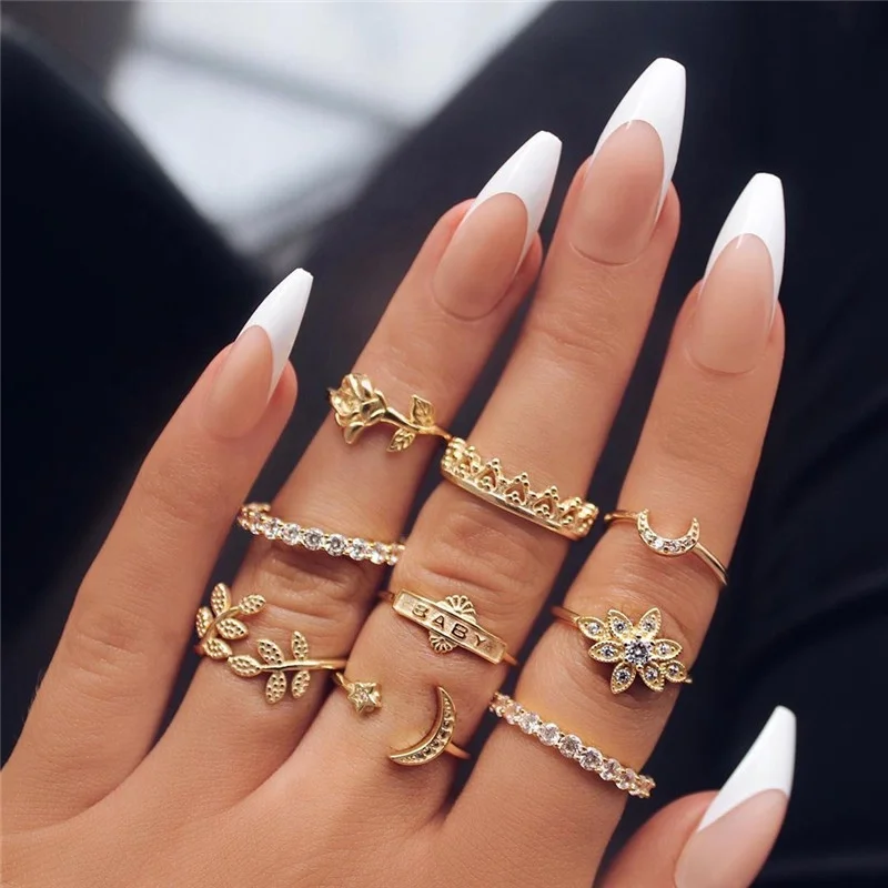 

9pcs/set Boho Vintage Gold Star Midi Moon Rings Set For Women Crystal Midi Finger Ring Female Bohemian ring