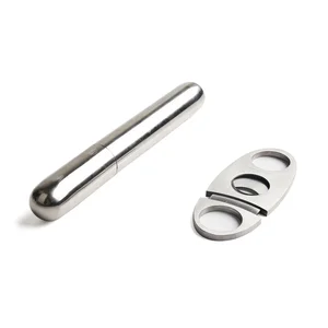 Image of Wholesale Cigar Accessories Packing Tube Stainless Steel Travel Cigar Case Holder Humidor + Cutter Set