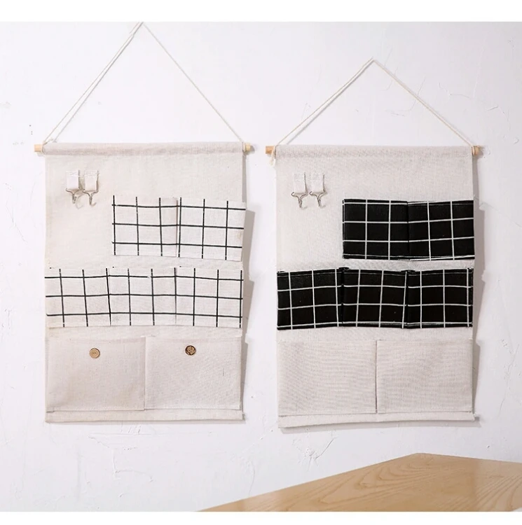 

HSB-10 Black Grid Pattern Cotton Linen 7 Pockets Door Back Storage Organizer Waterproof Fabric Wall Hanging Storage Bags, Black, white