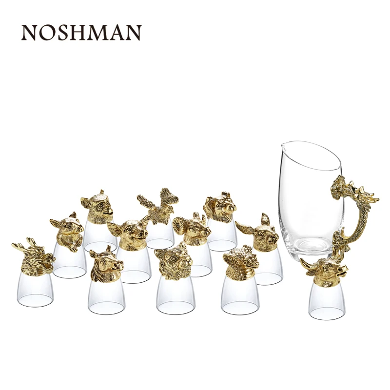 

NOSHMAN Hot Sale Chinese Culture 13 Zodiac Handmade Animal Head Lead Free Shot Glass Decanter Set Chinese Zodiac Glass, Clear