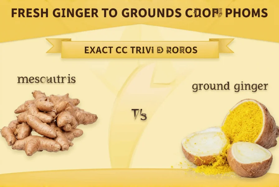 Side-by-side comparison of fresh ginger root and ground ginger powder in measuring spoons showing conversion ratio