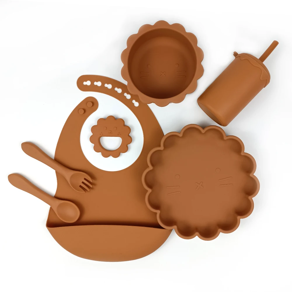 

Baby Silicone Feeding Set Lion Shape Suction Bowl Dinnerware Plate With Sippy Cup All Silicone Fork and Spoon Teether Toys