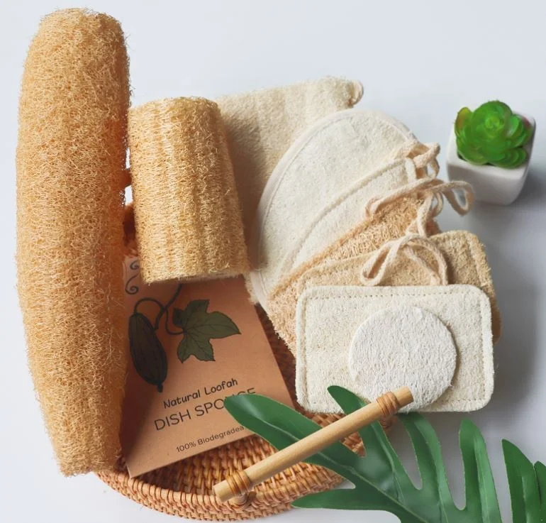 

Eco Friendly Natural Body Shower Sponge Brush Facial Bath Gants Loofah Loofa Lufa Luffa Pads, White and natural