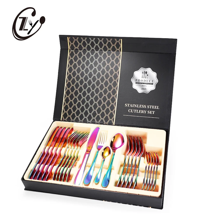 

Customize Logo Gold Plating Flatware Stainless Steel Metal Luxury 24pcs Cutlery Set With Gift Box, Customized