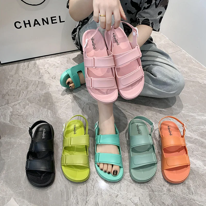 

2021 women's summer new candy color sandals solid color one word thick-soled soft-soled sports beach sandals